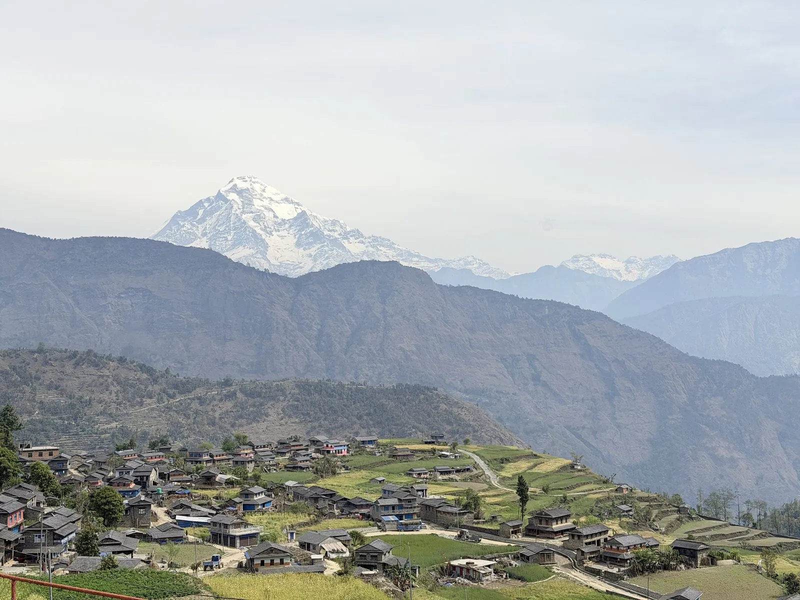 The village of Ruma spread across a green hillside, terraced fields below and Himalayan peaks on the skyline.